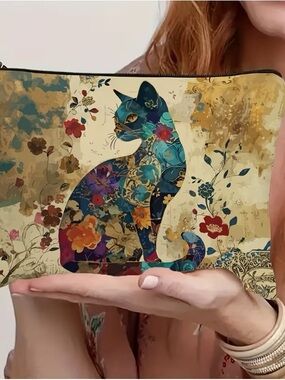 Floral Cat Makeup Bag Cosmetic Pouch Zipper Organizer Travel Toiletry 8.6in